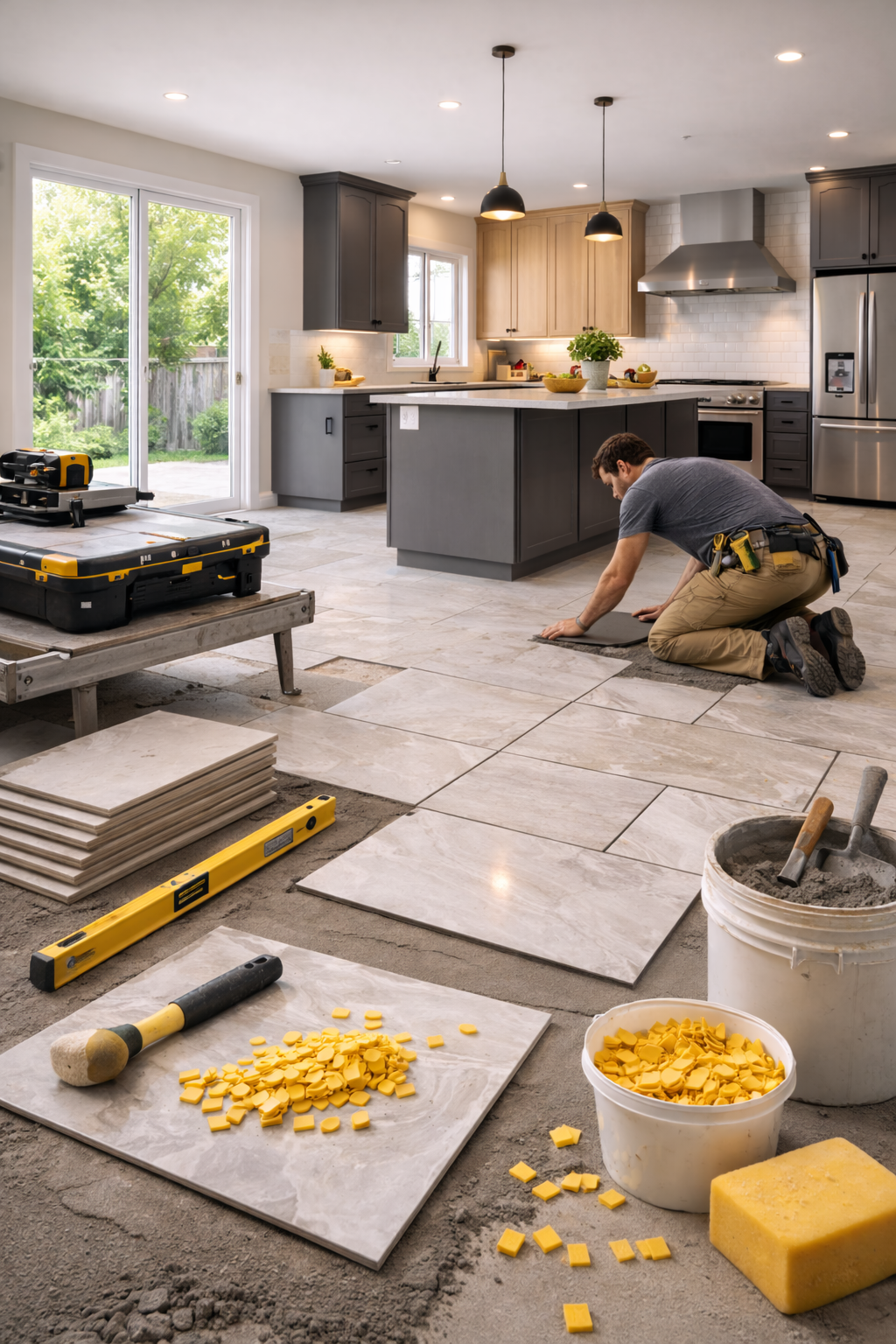 Luxury tile flooring installation in kitchen renovation